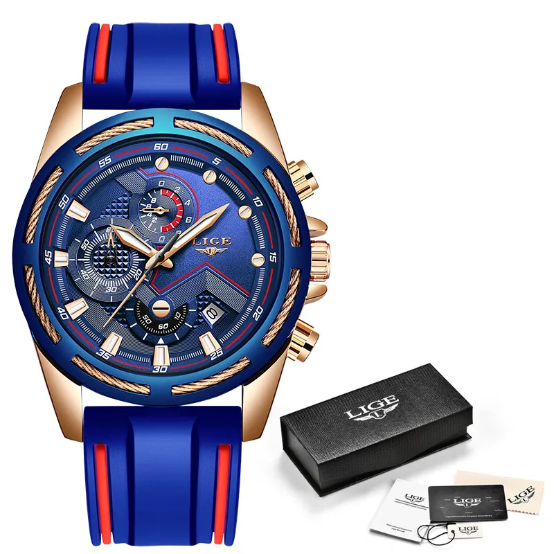 LIGE Men's Chronograph Analog Quartz Watch with Date, Luminous Hands, Waterproof Silicone Rubber Strap Wristswatch for Man - Цвет: rose gold blue