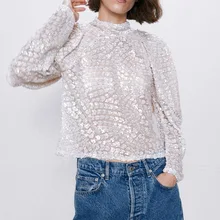Huapate рубашка с пайетками для женщин Весна и осень дизайн пушистые рукава Блестки Модный пуловер Siver Paillette рубашка Топ