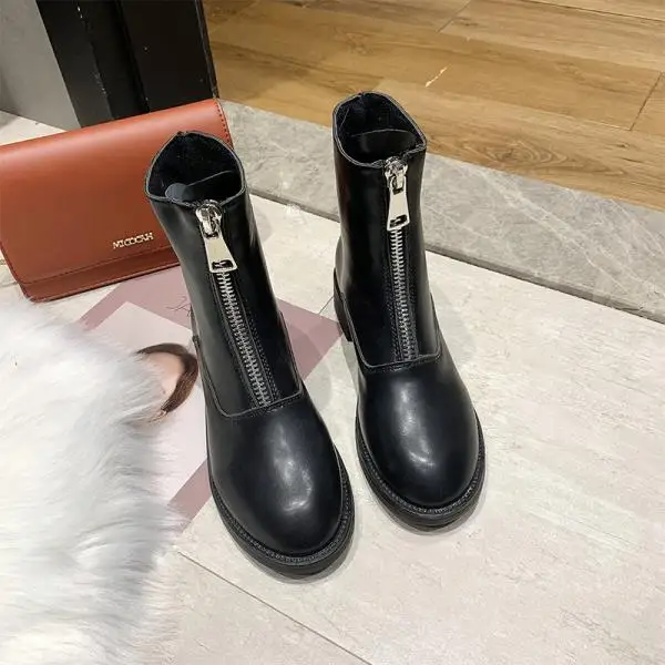 Bootee/ г. Женские ботинки до середины икры обувь на молнии с круглым носком на шнуровке роскошные дизайнерские ботинки на низком каблуке-столбике - Цвет: 1