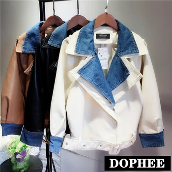 

New Spring and Autumn Denim Stitching Leather Jacket Women Large Size Motorcycle Short Coat New Loose Pu Leather Jackets