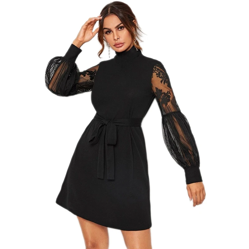 SHEIN элегантное платье с поясом, с высокой горловиной, с контрастным кружевом, с рукавом-фонариком, женские осенние модные короткие платья с высокой талией