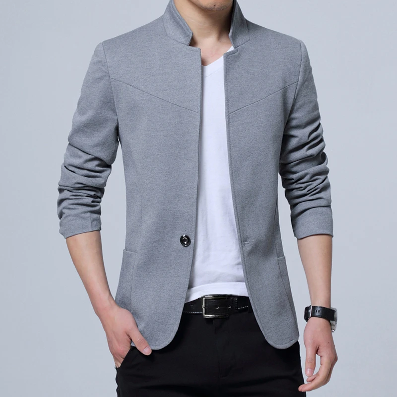 Брендовый Блейзер Для мужчин куртки с воротником стойкой и Пиджаки Slim Fit s пиджак