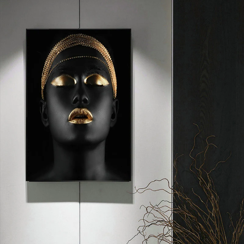 Wall Art African Women Golden Finger Canvas Painting Poster And Prints For Living Room Modern Black Girl Home Decor