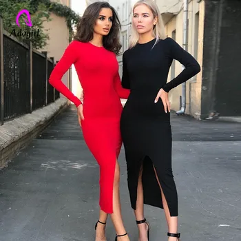 

Red Black Solid Women 2019 Long Sleeve Slit Bodycon Sexy Midi Dress Autumn Winter Women Christmas Outfits Club Party Streetwear