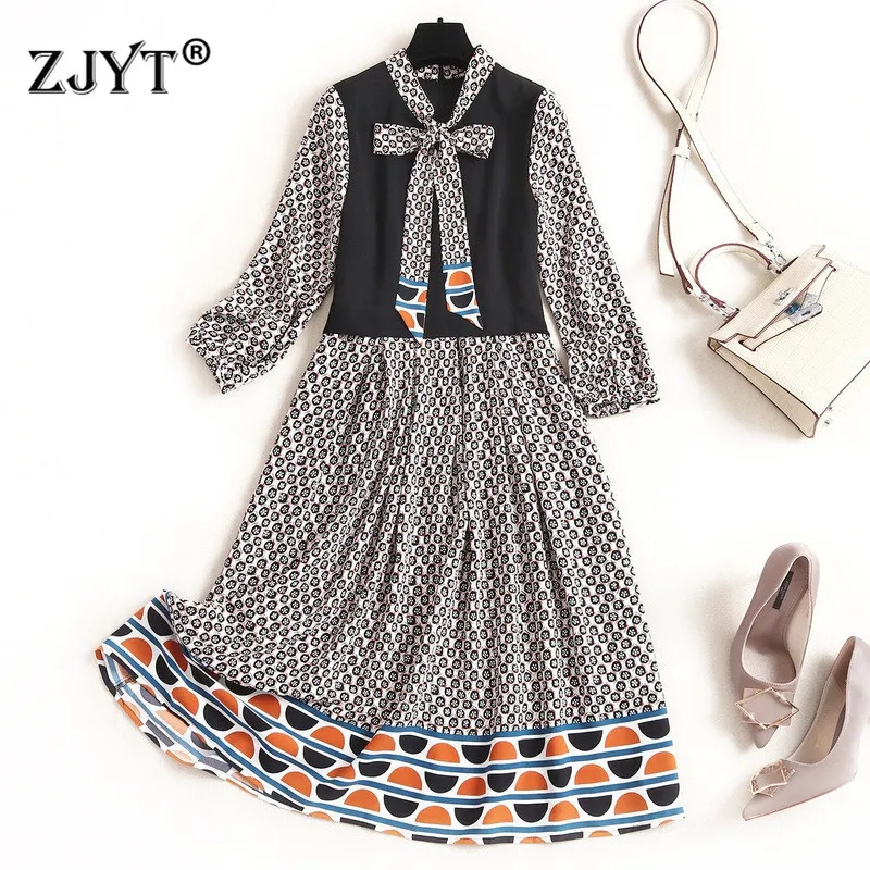 

High Quality Designer Spring Women Dress New 2020 Fashion Bow Collar Print Patchwork Vintage Aline Chiffon Dresses