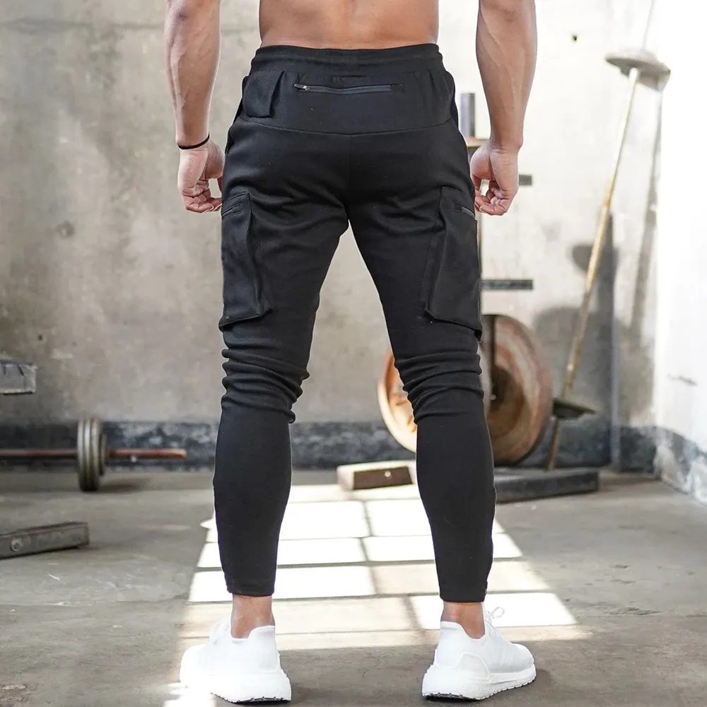 Black Joggers Sweatpants Track Pants Men Gym Fitness Workout Trousers Spring Male Multi-pocket Casual Skinny Pants Sportswear