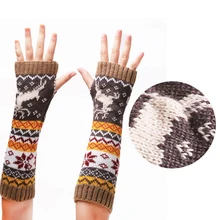 Зимние наручные перчатки с принтом оленей, теплые руки, вязаные длинные перчатки, варежки без пальцев, зимние женские теплые Рукава