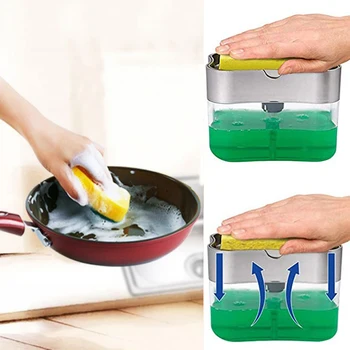 

2 In 1 Soap Dispenser Dishwashing Sponge Box Detergent Storage Box Kitchen Accessories Plastic Box Double Press-type Soap Dish