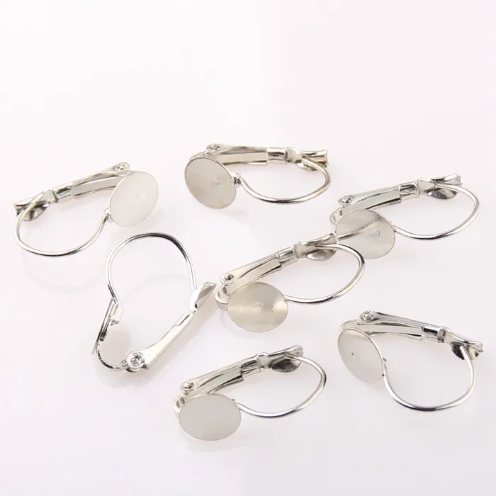 

12mm Earring Hooks Round Silver Color Plated Glass Cabochon Base Earring Blanks Setting Supplies for Jewelry 40pcs