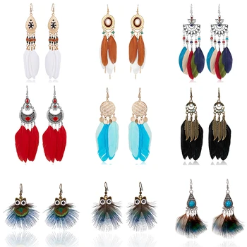 

9 Color Owl Peacock Teardrop Multilayer Long Feather Hook Earrings Fashion Ethnic Big Dangle Statement Earring Wholesale 2019
