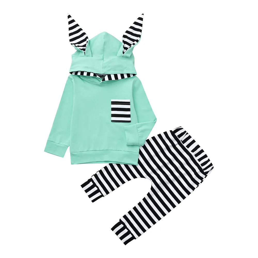 

Infant Baby Boy Girl 3D Bunny Ear Striped Hoodie T shirt Long Sleeve Fashion Tops+Pants Clothes Children Spring Autumn Set