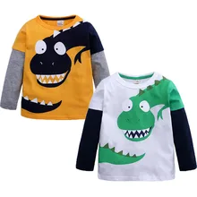 Детские футболки на весну-осень, хлопковые топы с длинными рукавами, круглым вырезом и рисунком динозавра, детские лоскутные футболки, одежда для маленьких мальчиков