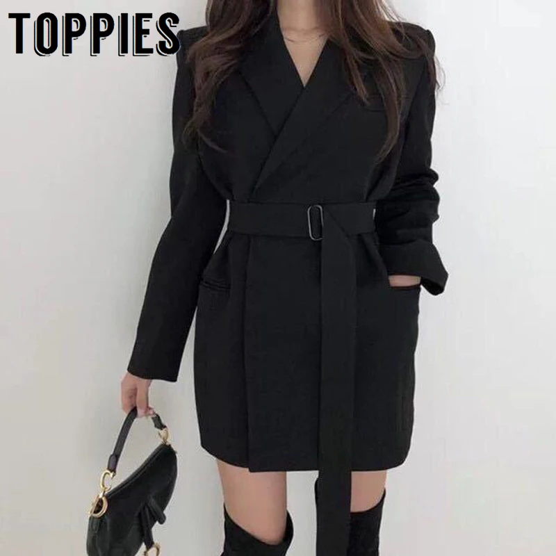 

Black Khaki Long Suit Jacket Belt Slim Waist Ladies Office Jacket Fall 2019 Oversize Coat Korean Women Outwear