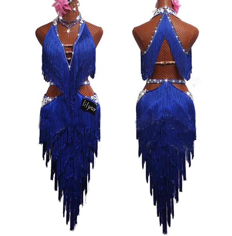 

New Latin Dance Competition Dress V-Neck V-Back Performing Dresses Dancing Skirts Blue fringed Dress Dance Clothes Women