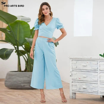 

Europe And The United States Women's New Style Lantern Sleeves V-neck Sexy Wide Leg Jumpsuit 2019 Fashion Hollow Female Jumpsuit