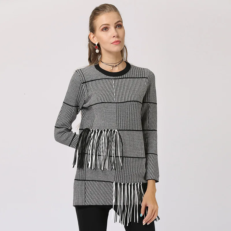 Autumn Winter Fashion Sweater Woman Striped Round Neck Tassels Knitting Pullovers Full Sleeve Ladies Slim Jumpers Sweter Damski