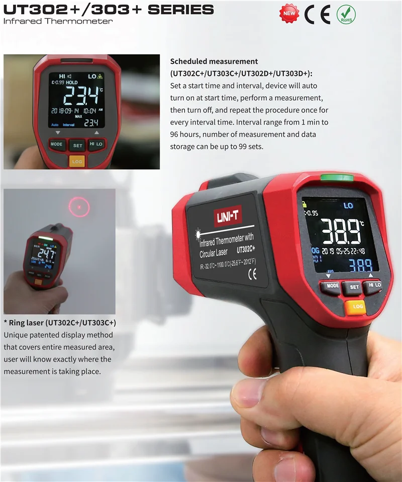 UNI-T UT302A+/302C+/302D+/303A+/303C+/303D+ Инфракрасные термометры; промышленный цветной экран электронный термометр