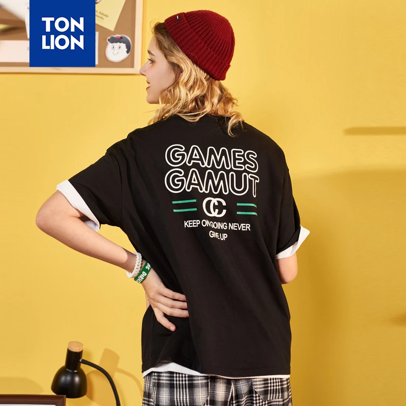 

TONLION Summer New T-shirt Women Korean Style Black Tshirt Loose Fashion Letter Deco Tops Womens Elegant Tees 2020 Dropshipping
