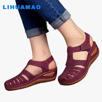 

LIHUAMAO Summer gladiator sandals wedges heels casual outdoor holes shoes comfortable breathable rome beach sandals platform