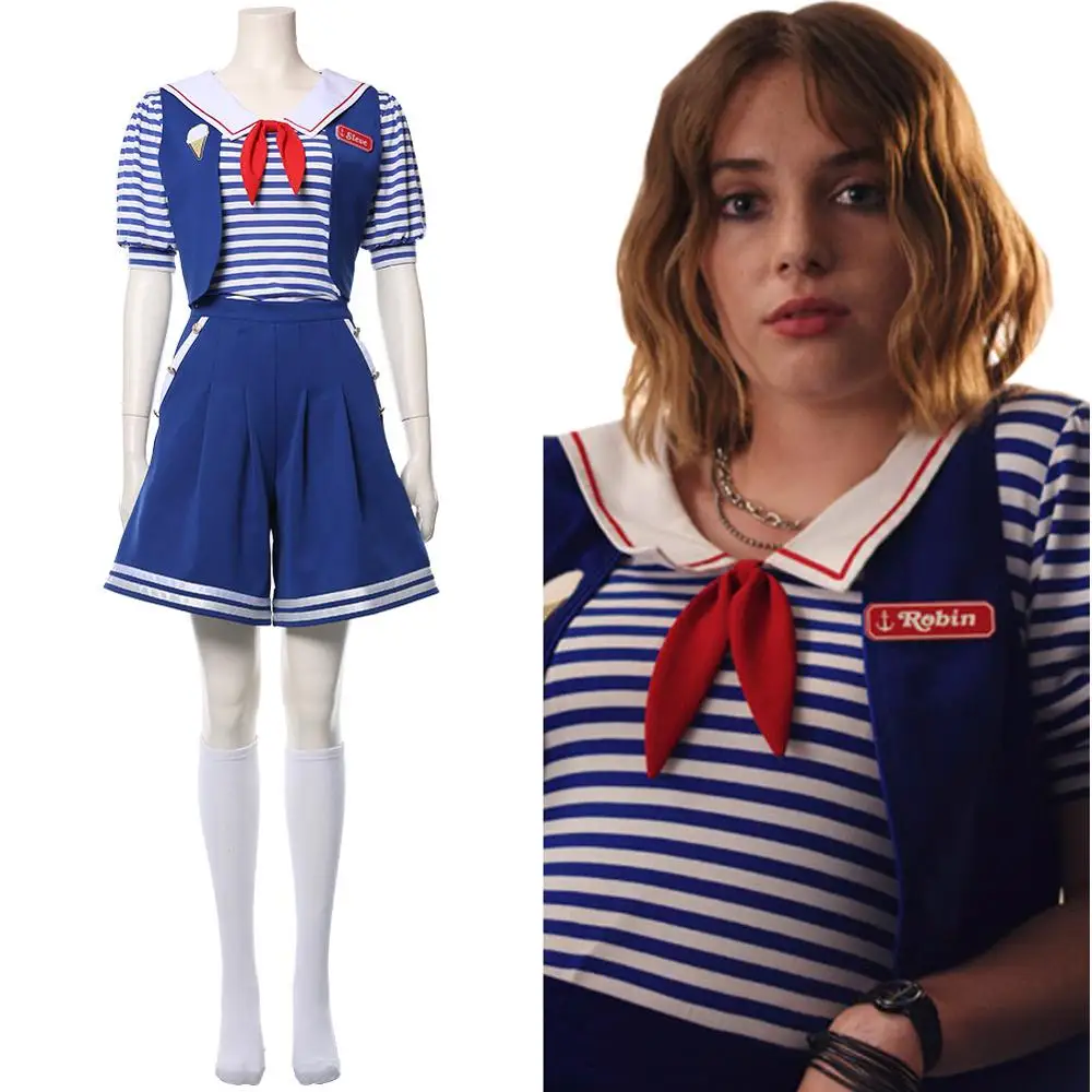 

Stranger Things 3 Robin Cosplay Costume T Shirt Vest Scoops Ahoy Robin Uniform Sailor Suit Halloween Costume Waitress Clothes