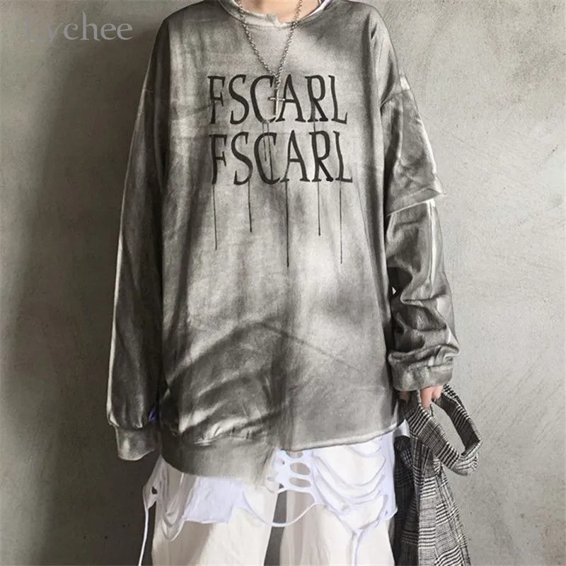 

Lychee Harajuku Tie Dyeing Lady Tracksuit Hole Patchwork Women Sweatshirt Letter Print Women Pullovers Sweatshirt