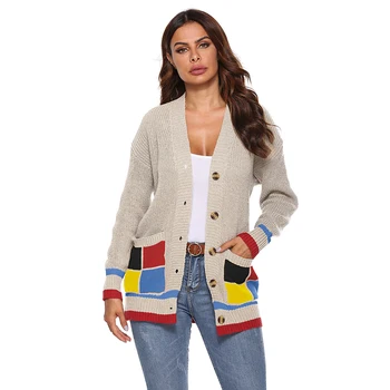 

Autumn Winter New Long Section Thick V-neck Single-breasted Color Matching Knit Cardigan Sunscreen Coat Women