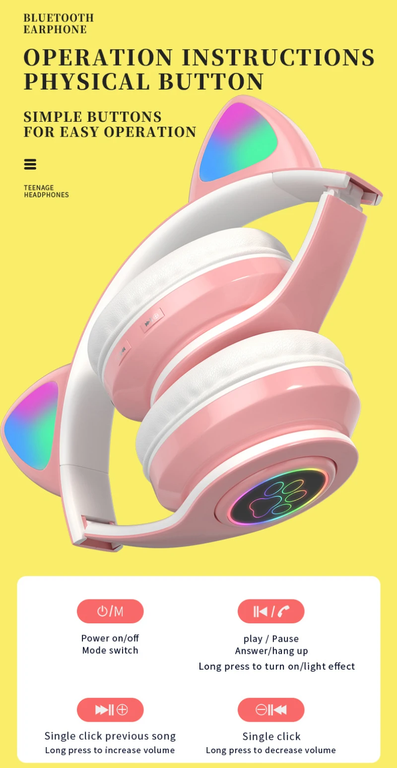 Orelha sem Fio Fones de Ouvido Baixo com Cancelamento Gato Bluetooth Ruído Adultos Crianças Menina Fone Apoio tf Capacete Mic 5.0 Rgb 4 Gato orelha sem fio fones de ouvido