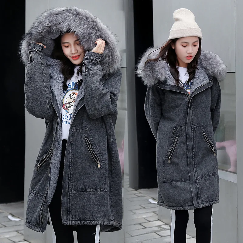 

2019 Winter New Style Korean-style Large Size Loose-Fit Slimming Large Fur Collar Lambs Wool plus Velvet Jeans Coat Fashion