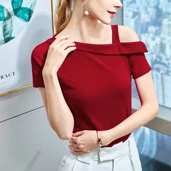 

Women's summer cotton irregular collar strapless solid color T-shirt gray