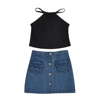 

Kid Baby Girls Clothes Sets Sleeveless Vest Tops + Denim Skirts 2PCS Outfit