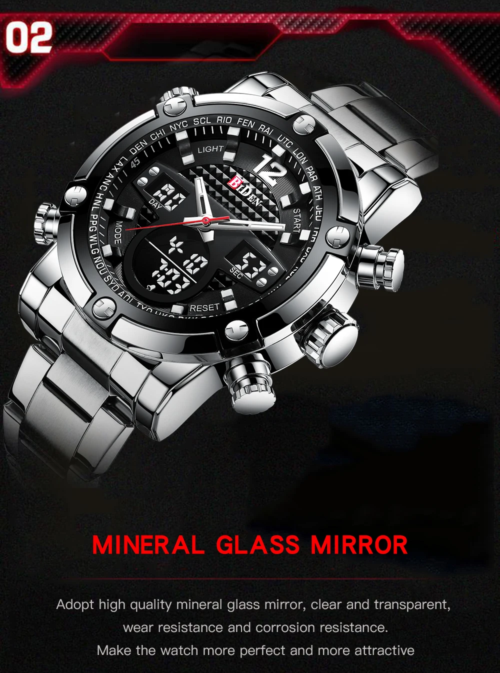BIDEN Big Dial Dual Display Sport Watch Men Waterproof Military Digital Watch Multiple Time Male Clock Stainless Steel Watch