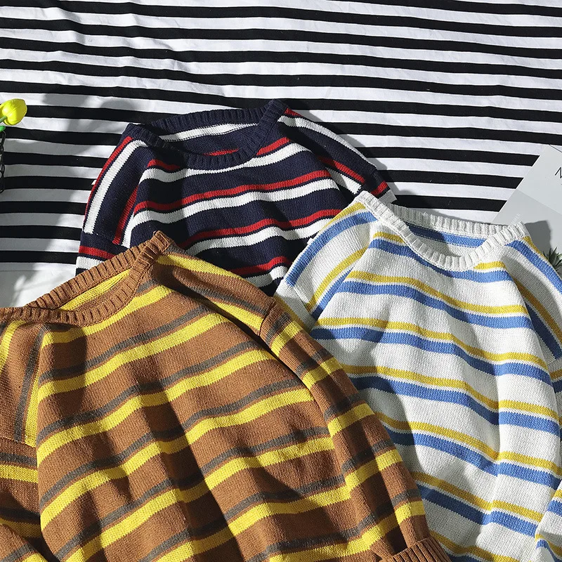 Fall and Winter 2019 New Men's Sweater Loose Knitted Sweater Stripe Sweater Couple Dress