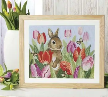 

14/16/18/22/25/28CT Beautiful Lovely Counted Cross Stitch Kit Bunny Rabbit And Tulip Flower Flowers Tulips