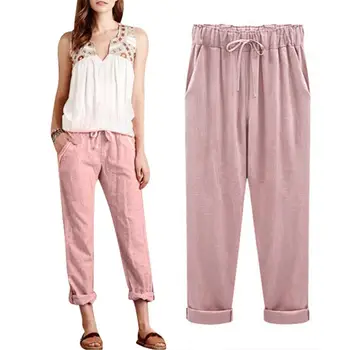 

2019 New Leisure Loose Cotton Linen Long Pants Women Elastic Waist Pockets Loose Pants Leisure Pants