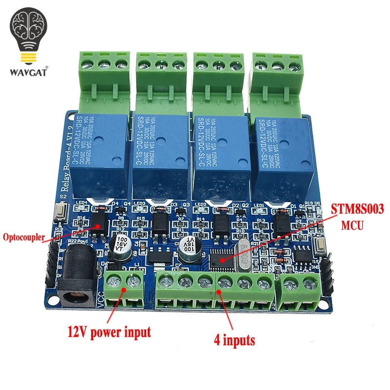 5 в 12 В Modbus RTU 4-Канальный Релейный модуль DIY STM8S103 система 4 дорожный вход 485 связь