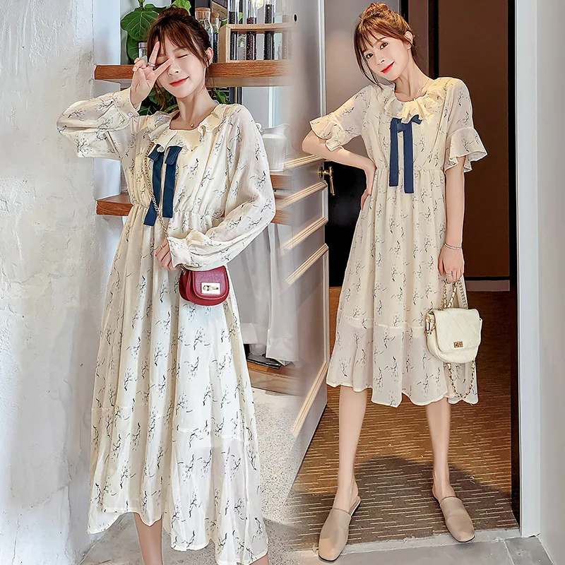 

2019 New Style Maternity Clothes Chiffon Dress Fresh Elegant Floral-Print Lactation Garment Dress