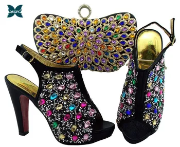 

2019 New Fashion African Women Shoes And Bag Set With Rhinestones Pump Italian design Shoes With Matching Bag For Evening Party