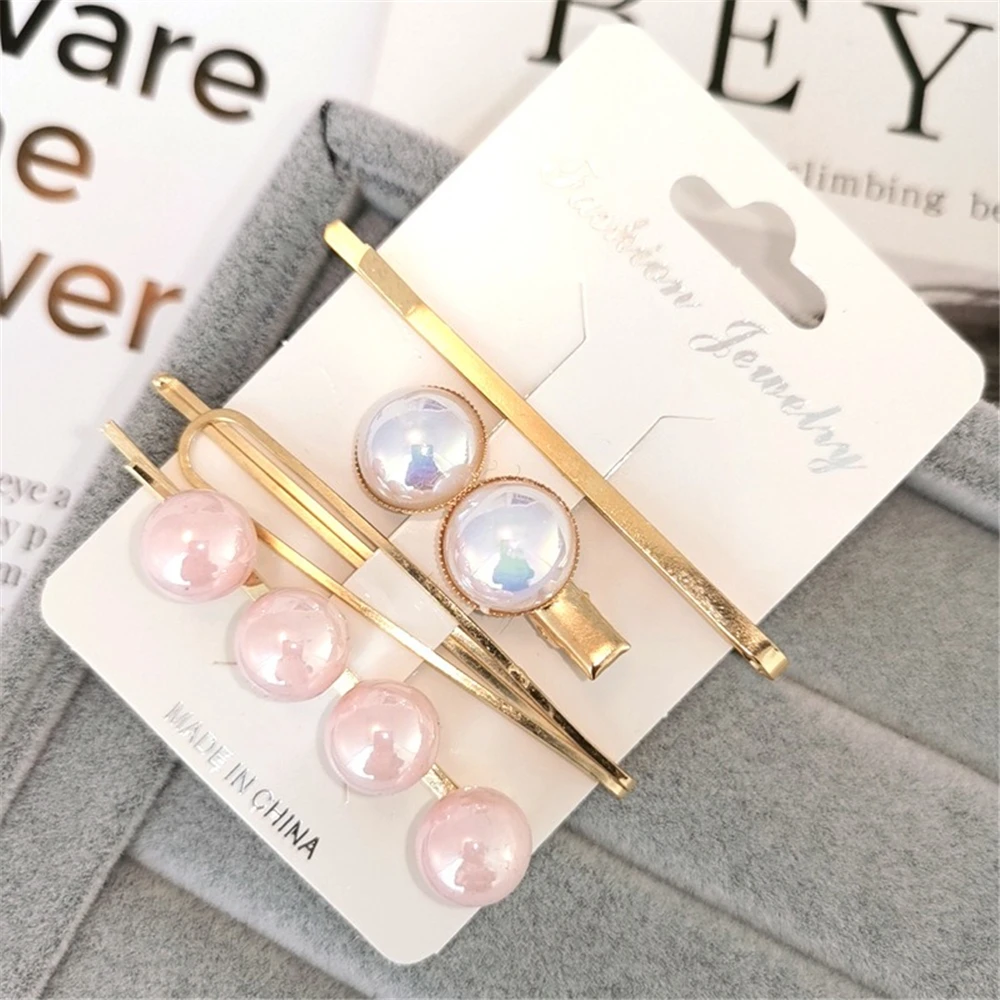 4pcs set Korea Fashion Metal Pearl Hairpins Women Colorful Beads Hair Clips Snap Barrettes Hairgrips Headband 4