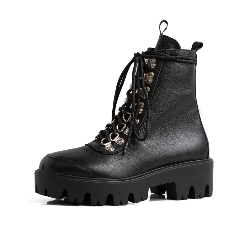 black with fur ASUMER/Новинка года; ботильоны для женщин из натуральной кожи на толстом каблуке; ботинки на платформе со шнуровкой; сезон осень-зима; женские туфли в стиле панк - Цвет: black with fur