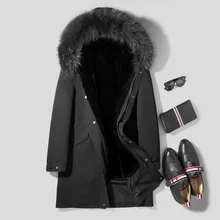 Пальто с натуральным мехом, зимняя куртка для мужчин, Натуральная шерсть, меховая подкладка, парка для мужчин, Воротник из меха енота, теплые куртки, Chaqueta Hombre, L18-2511, YY345