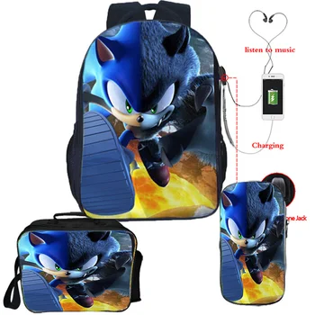 

3Pcs/Sets USB Charging Backpack Sonic Boys Girls Cartoon Schoolbags Pencil Case Students Daily Knapsack Teenagers Travel Bags