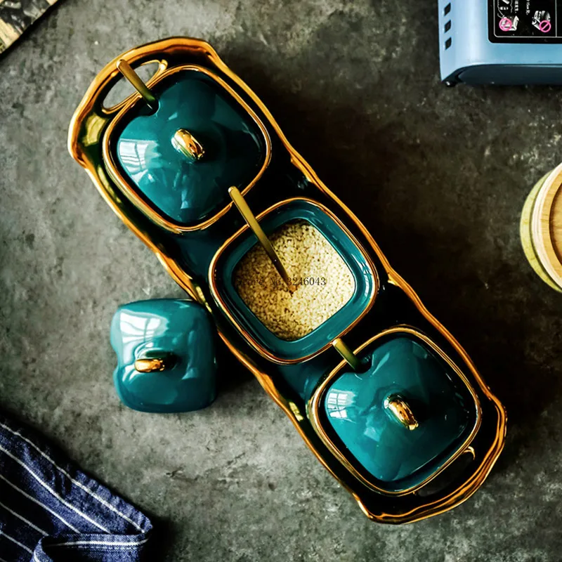 Northern European Light Luxury Emerald Ceramic Sugar Cans Salt MSG Jar Seasoning Jar Seasoning Box Four-piece Household Set