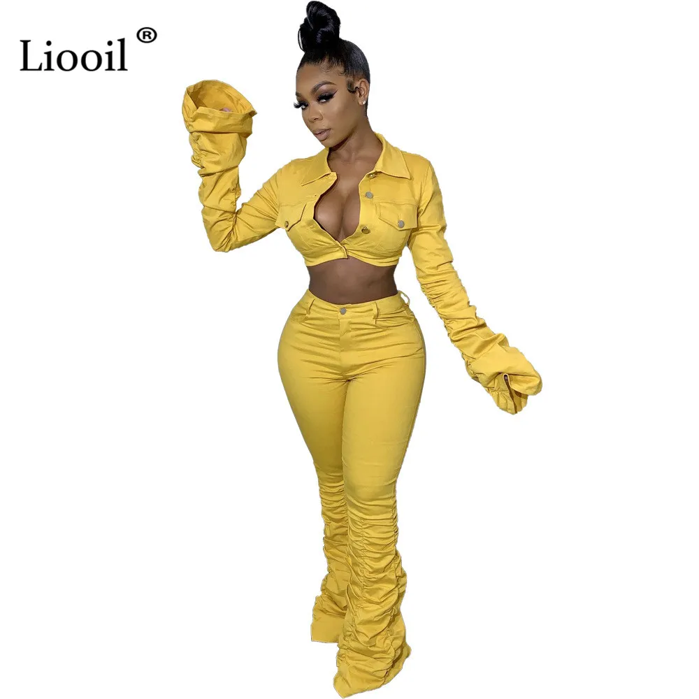Liooil, комплект из двух предметов для ночного клуба, Осень-зима, с длинным рукавом, на пуговицах, сексуальное короткое пальто и расклешенные штаны, вечерние наряды для женщин