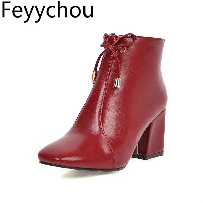 

Women's Boots Autumn Winter Warm High Heel Square Toe New Sexy Fashion Pu Zip Ankle 2019 Butterfly-knot Red Plush Big Size 34-48