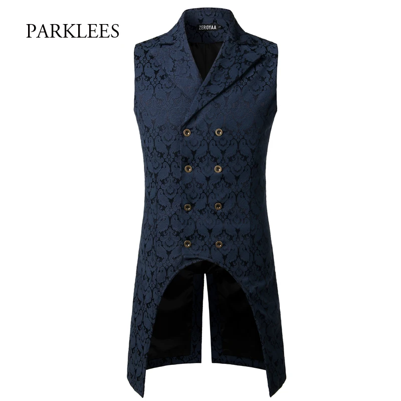 Mens Black Gothic Steampunk Vest 2022 Brand New Medieval Jacquard Double Breasted Vest Waistcoat Men Stage Cosplay Prom Costume