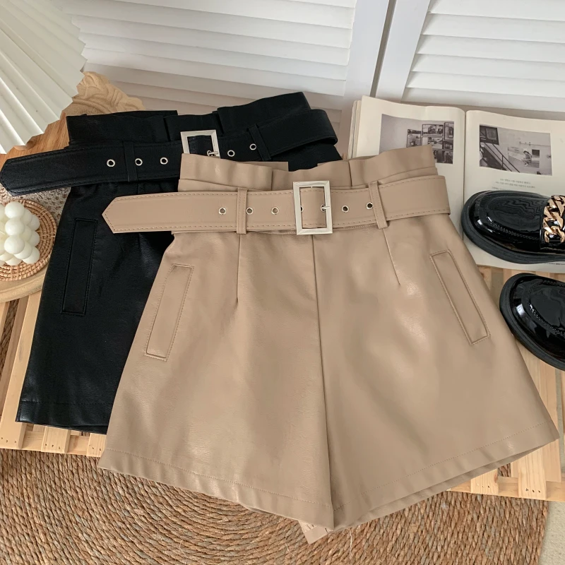 leather shorts 2021 Women's New Autumn Winter Sexy PU Leather Shorts  All-match Sashes Wide Leg Short Ladies Leather Shorts Female Casual khaki shorts