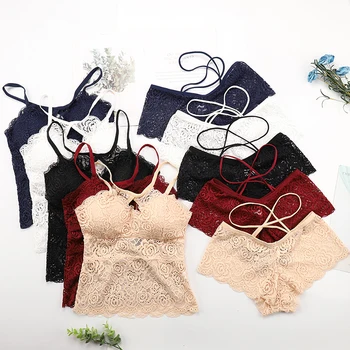 

Push Up Bra Set Wire Free Hollow Out Backless Lace Side Anti-light Knitwear Padded Bra Set