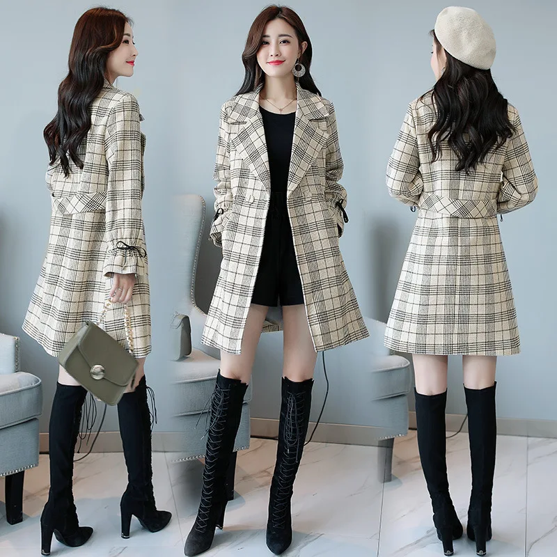 Plaid Trench Coat Women's Mid-length Autumn New Style WOMEN'S Dress Spring And Autumn Korean-style Slim Fit Elegant Fashion