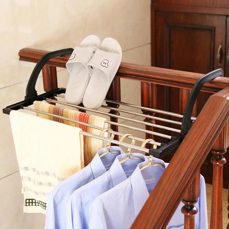  Folding Telescopic Balcony Drying Shoe Rack Multiple Hook Adjustment Clothes Rack Outdoor Storage R