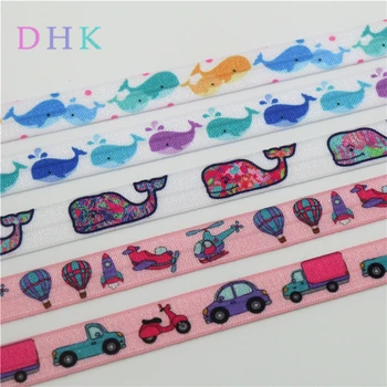 

DHK 5/8'' 5yards animals cars whale printed Fold Elastic FOE stretch ribbon hairbow headwear headband DIY OEM E1669